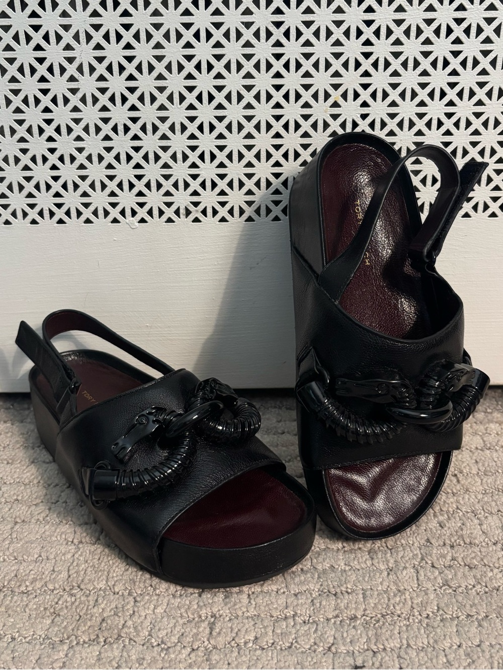 Tory Burch Black Jessa Leather Slingback Platform Sandals with Chain Detail